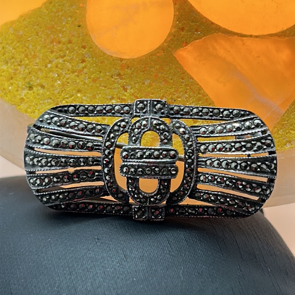 Art Deco Sterling Silver Marcasite Brooch Pin - Picture 1 of 8